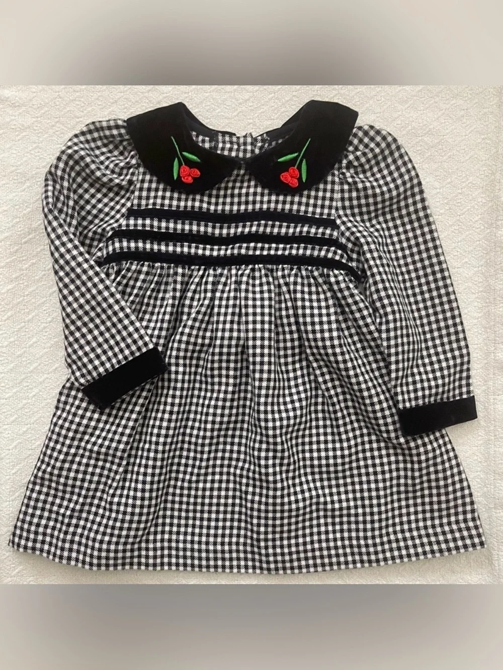 Rare Editions Vintage Black White Checkered Dress Velvet and Embroidered Accents